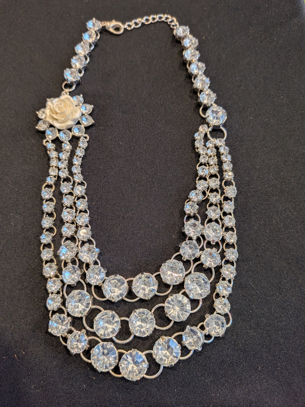 Art Deco Crystal Multi-Strand Statement Necklace 9.5" with White Rose Accent